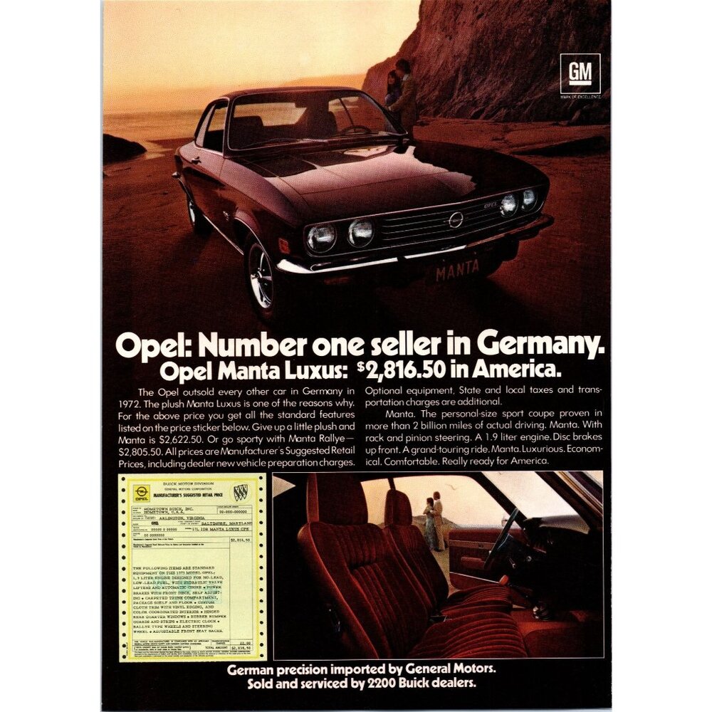 1973 Opel Manta Luxus Sport Coupe Vintage Print Ad Couple on Beach Wall Art